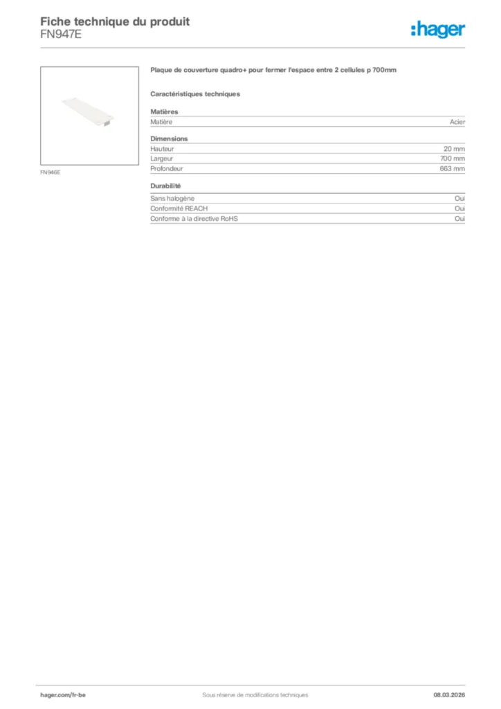 Image Hager Fiche technique du produit FN947E | Hager Belgique