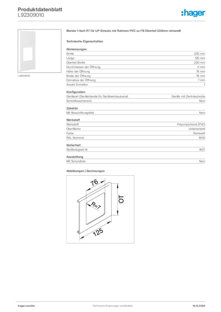 Bild Hager Produktdatenblatt L92309010 | Hager Deutschland