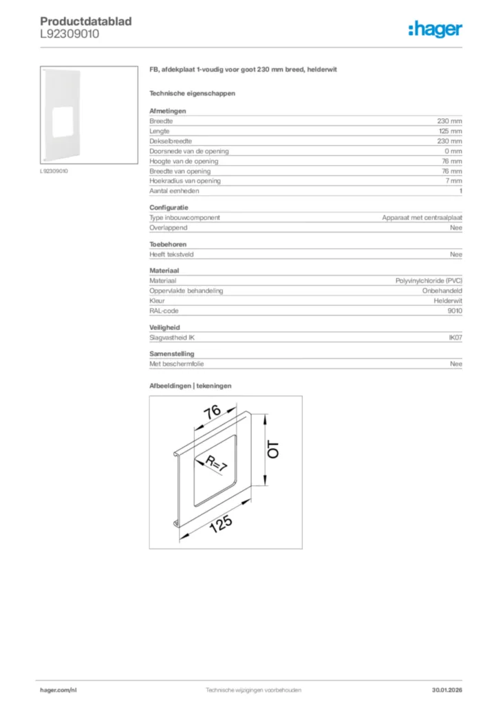 Afbeelding Hager Productdatablad L92309010 | Hager Nederland