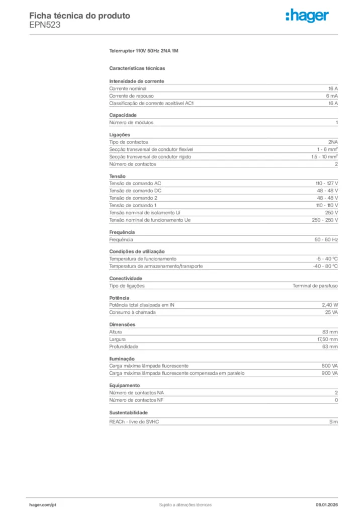 Imagem Hager Ficha técnica do produto EPN523 | Hager Portugal