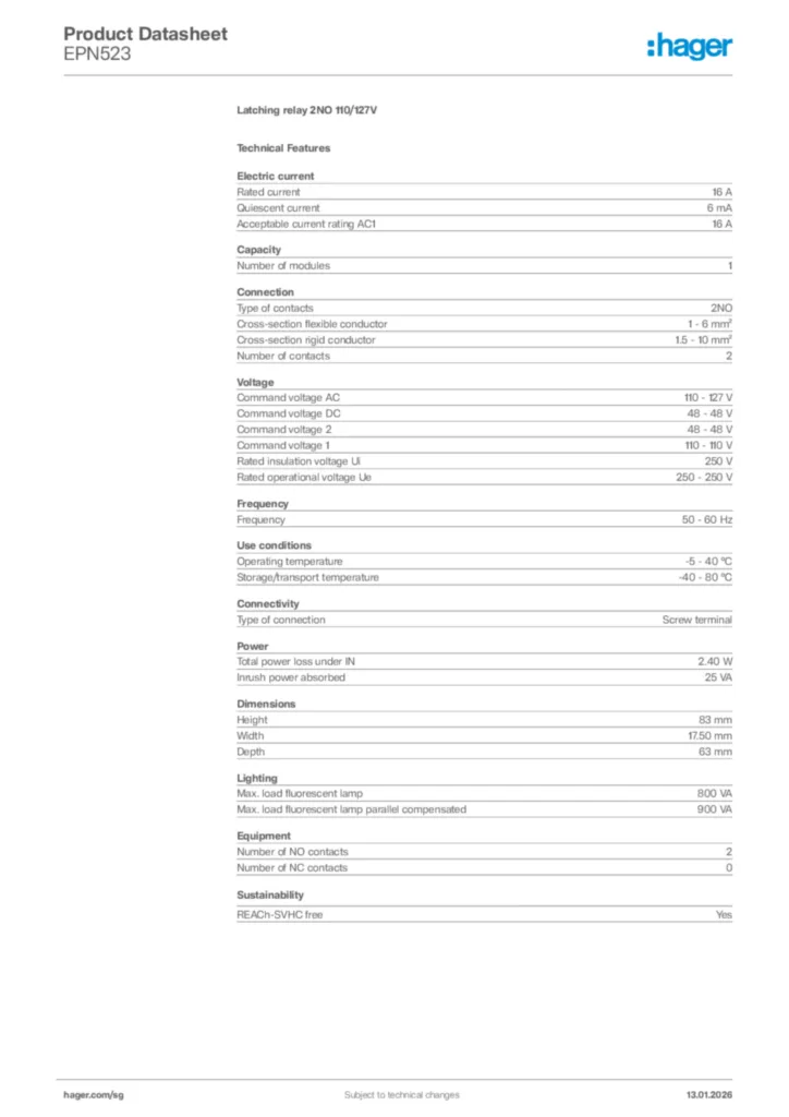 Image Hager Product data sheet EPN523  | Hager