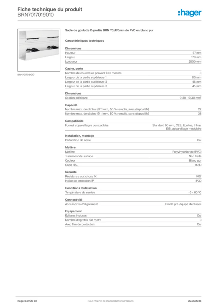 Image Hager Fiche technique du produit BRN7017019010 | Hager Suisse