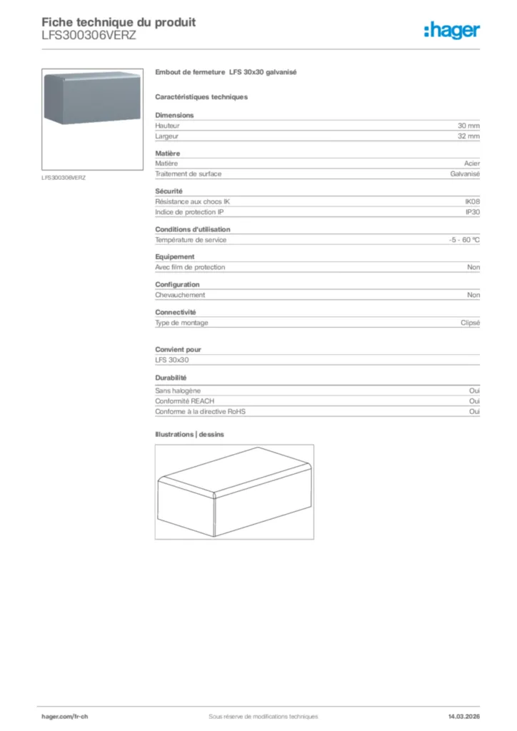 Image Hager Fiche technique du produit LFS300306VERZ | Hager Suisse