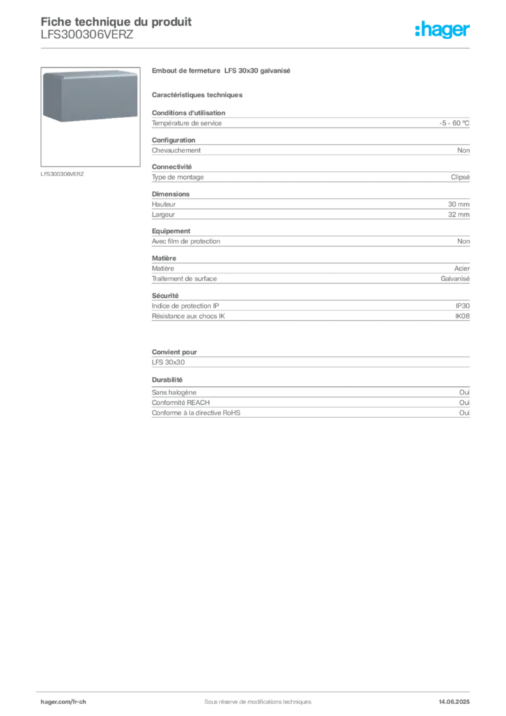 Image Hager Fiche technique du produit LFS300306VERZ | Hager Suisse