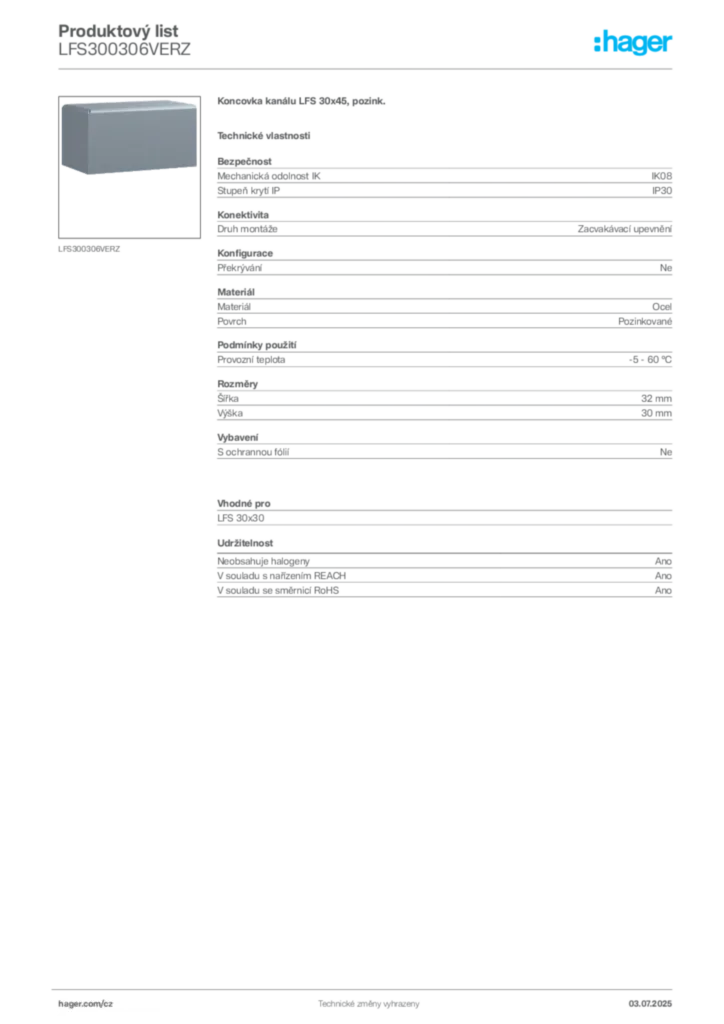 Obrázek Hager Produktový list LFS300306VERZ | Hager