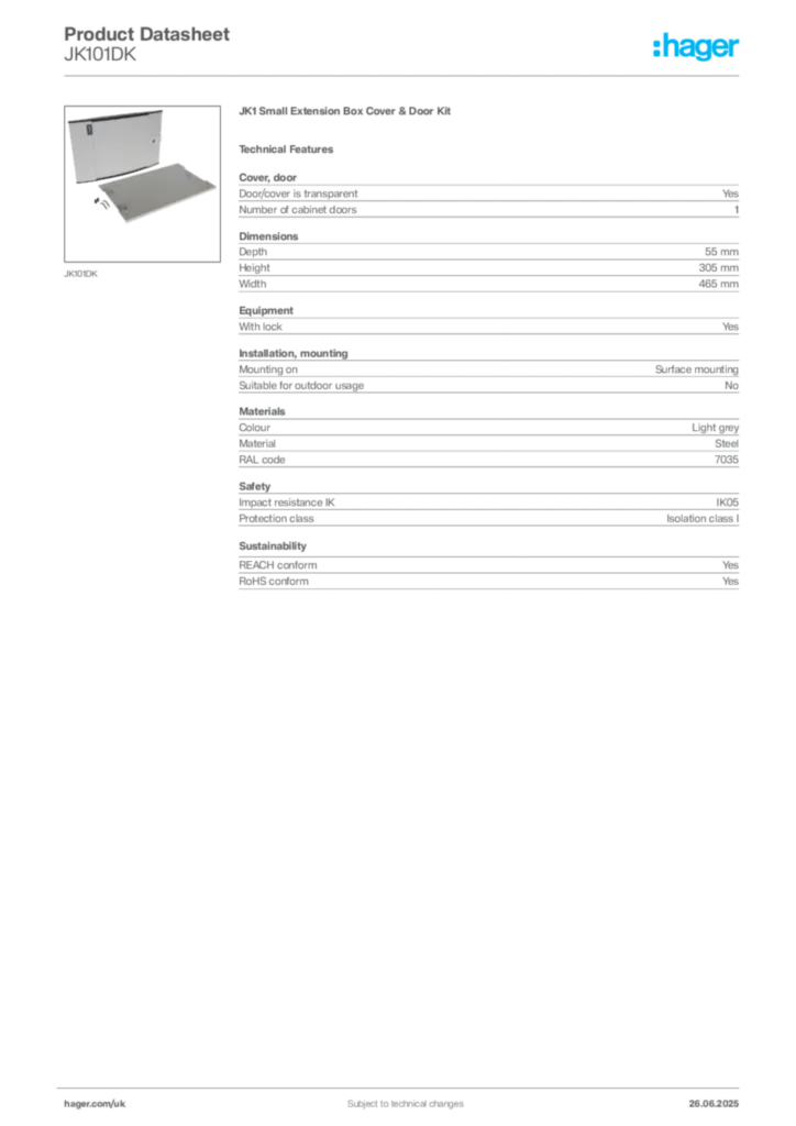 Image Hager Product data sheet JK101DK  | Hager