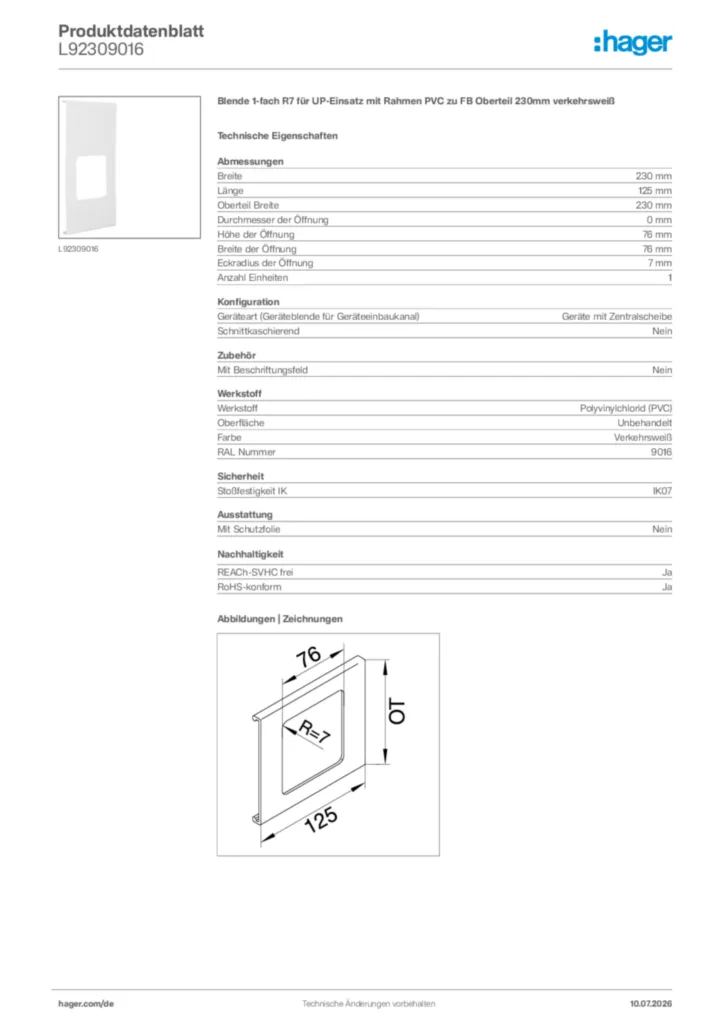 Bild Hager Produktdatenblatt L92309016 | Hager Deutschland