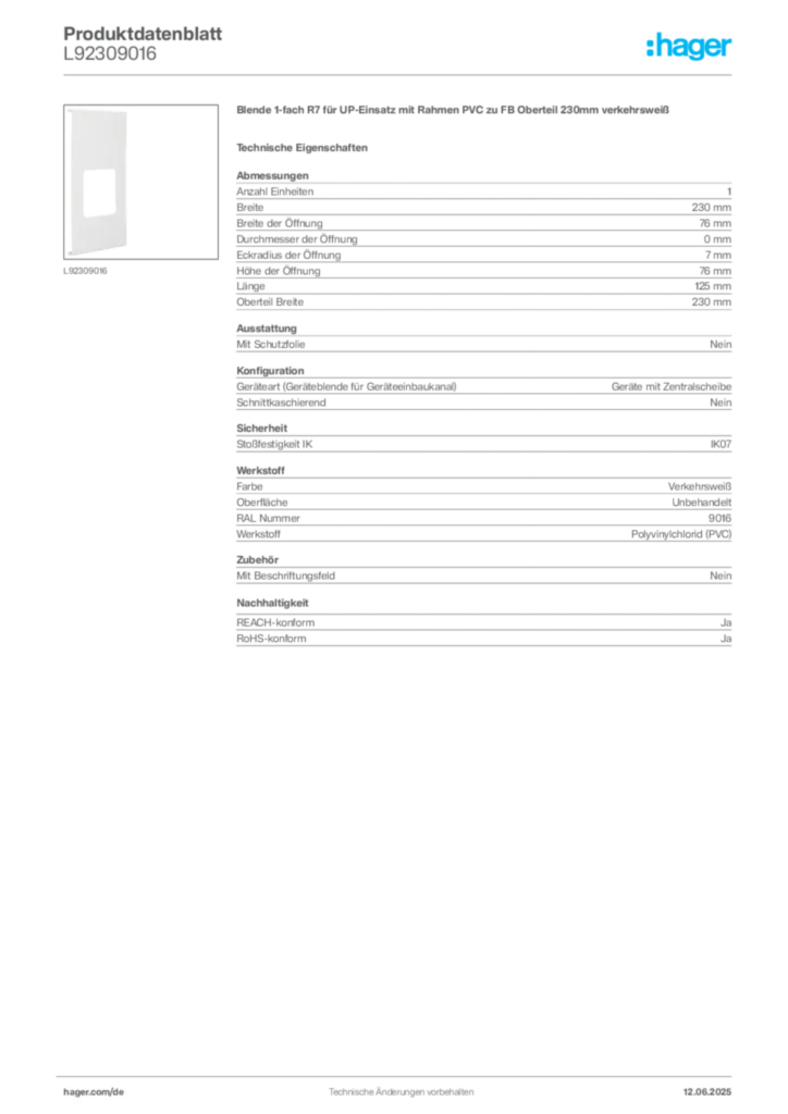 Hager Produktdatenblatt L92309016