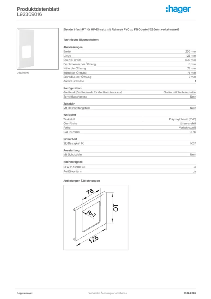 Bild Hager Produktdatenblatt L92309016 | Hager Deutschland