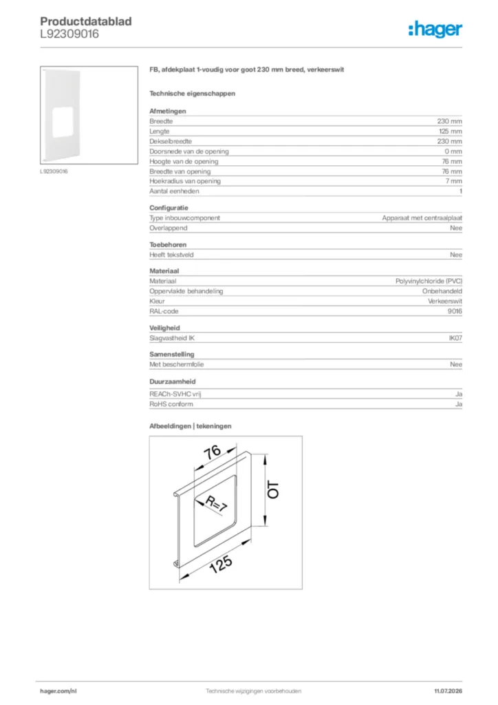 Afbeelding Hager Productdatablad L92309016 | Hager Nederland