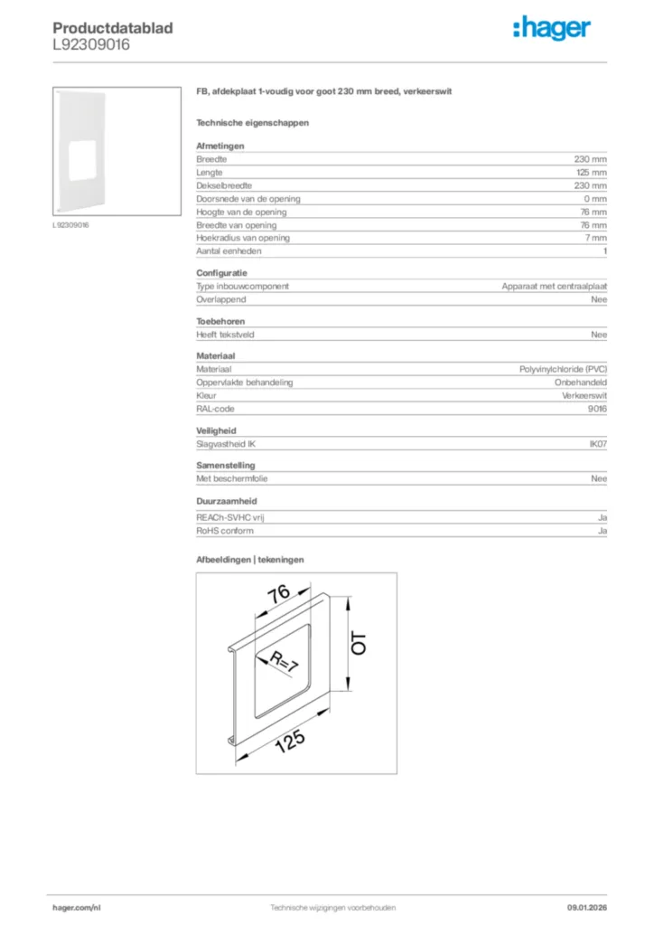 Afbeelding Hager Productdatablad L92309016 | Hager Nederland