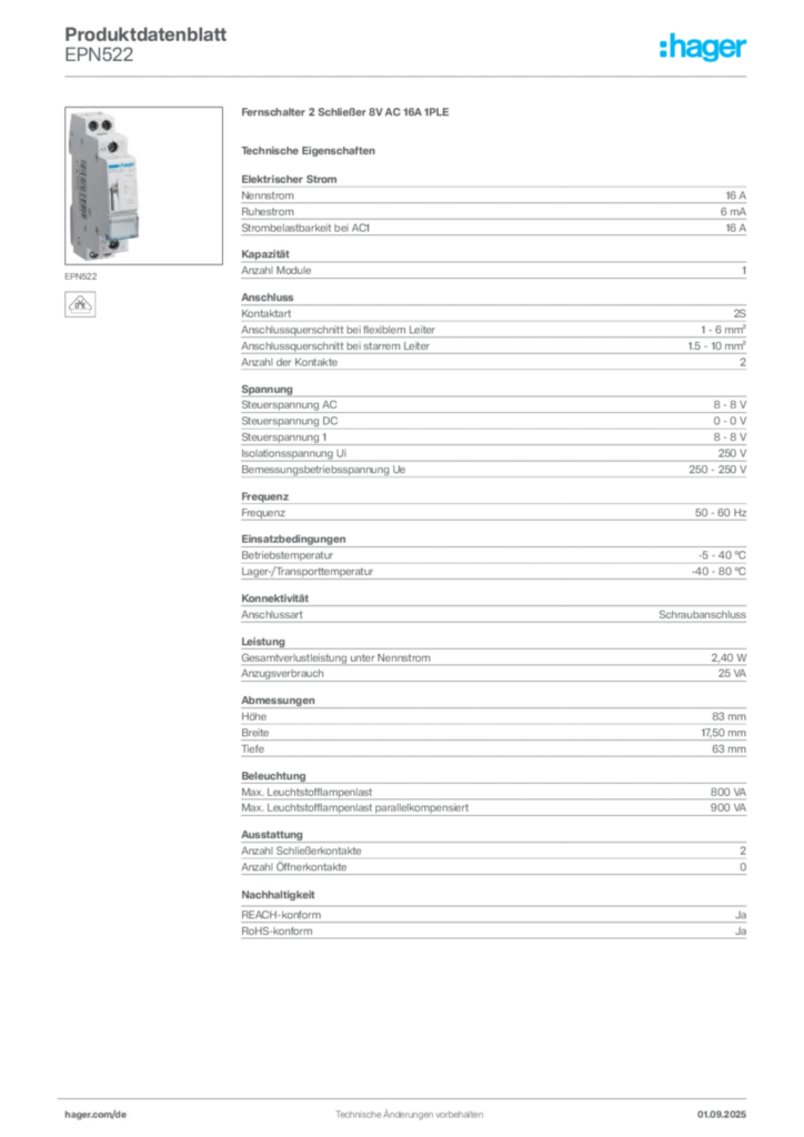 Bild Hager Produktdatenblatt EPN522 | Hager Deutschland