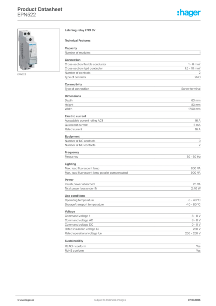 Image Hager Product data sheet EPN522  | Hager