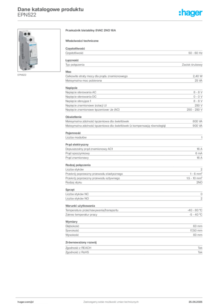 Zdjęcie Hager Karta katalogowa EPN522 | Hager Polska