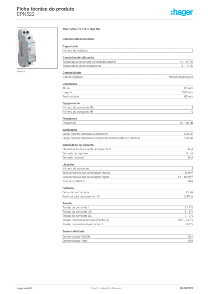 Imagem Hager Ficha técnica do produto EPN522 | Hager Portugal