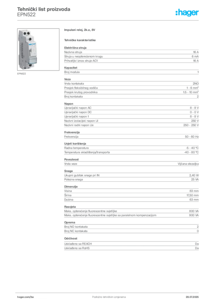 Slika Hager Product data sheet EPN522  | Hager