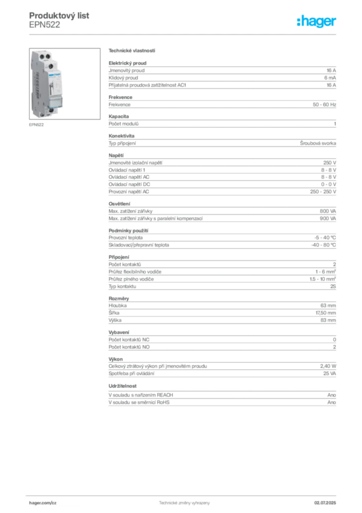 Obrázek Hager Produktový list EPN522 | Hager