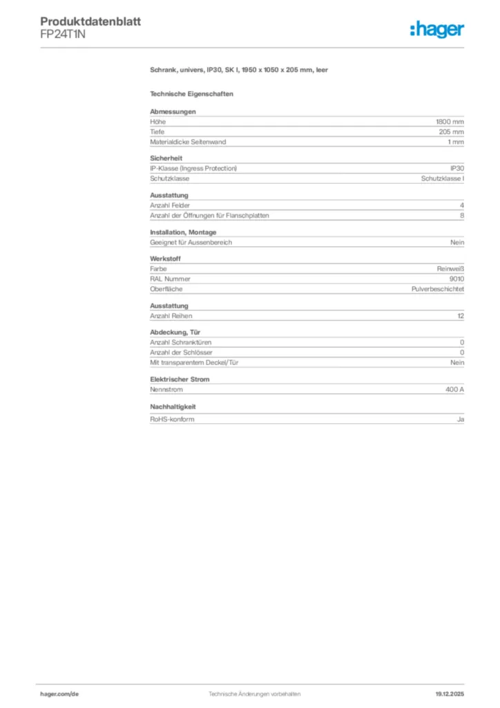 Bild Hager Produktdatenblatt FP24T1N | Hager Deutschland