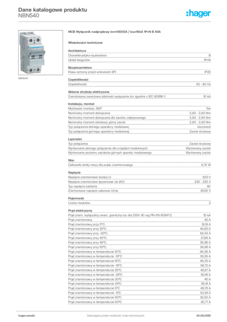 Zdjęcie Hager Karta katalogowa NBN540 | Hager Polska