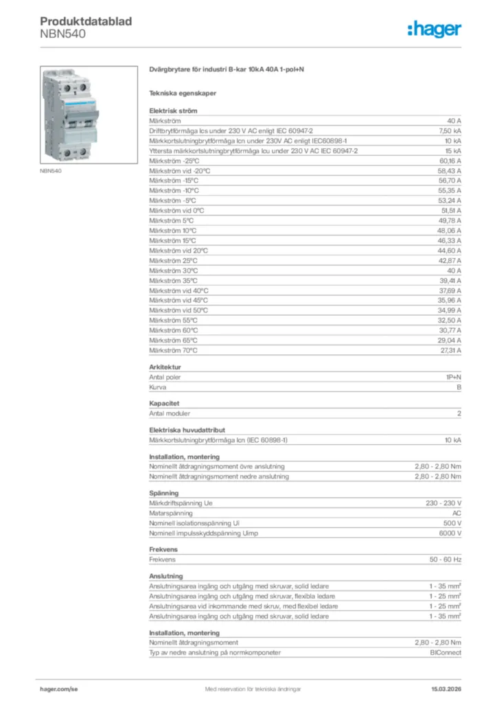 Bild Hager Produktdatablad NBN540 | Hager Sverige