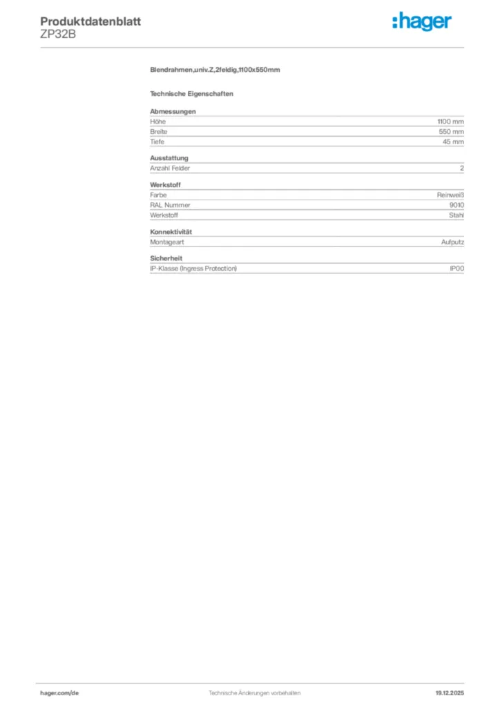 Bild Hager Produktdatenblatt ZP32B | Hager Deutschland