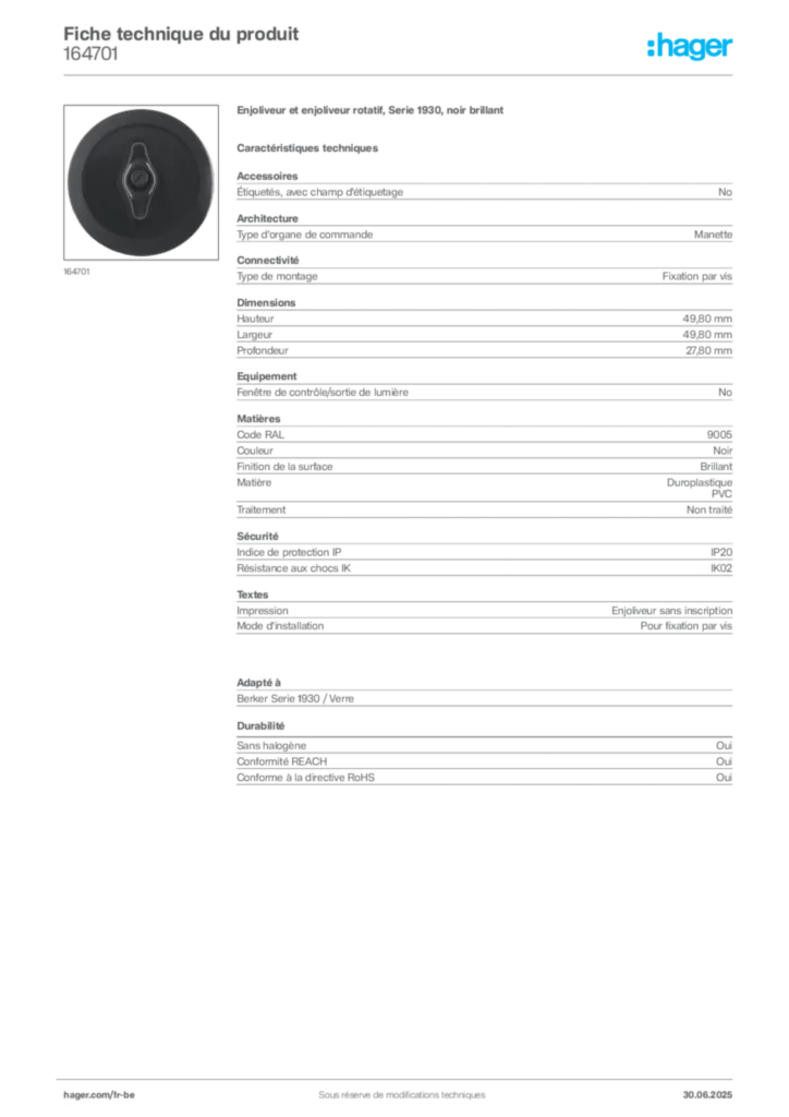 Image Hager Fiche technique du produit 164701 | Hager Belgique