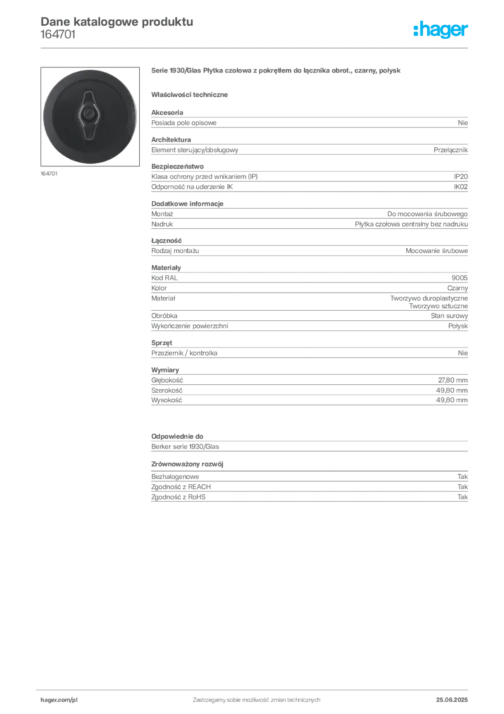 Zdjęcie Hager Karta katalogowa 164701 | Hager Polska