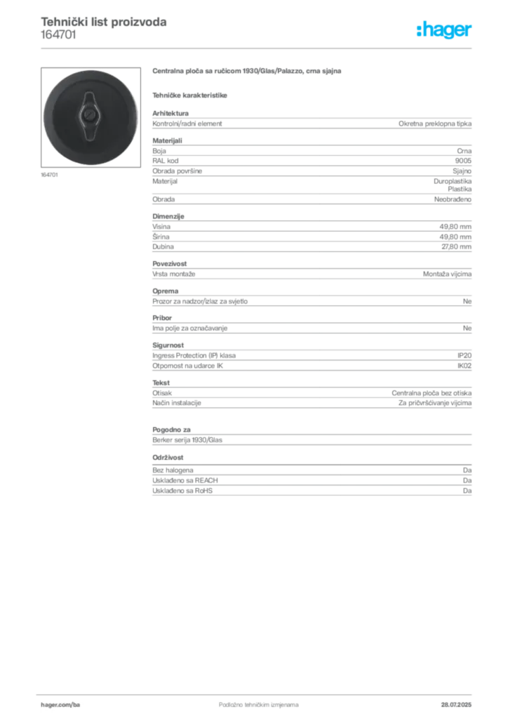 Slika Hager Product data sheet 164701  | Hager
