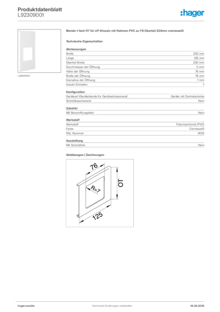 Bild Hager Produktdatenblatt L92309001 | Hager Deutschland