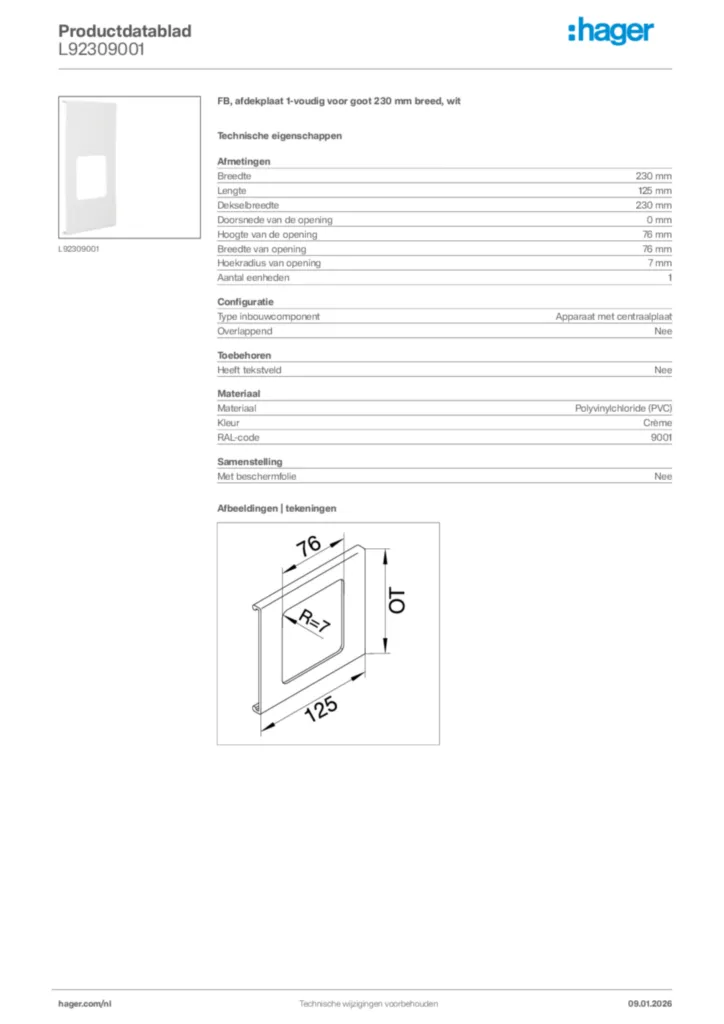 Afbeelding Hager Productdatablad L92309001 | Hager Nederland
