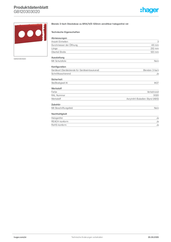Bild Hager Produktdatenblatt GB120303020 | Hager Deutschland