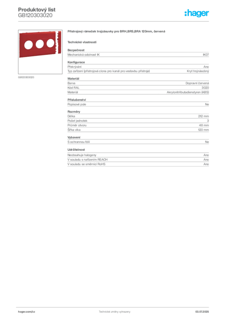 Obrázek Hager Produktový list GB120303020 | Hager