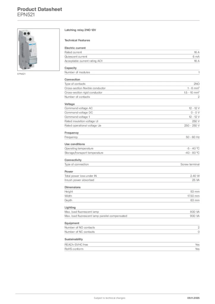 Image Hager Product data sheet EPN521  | Hager Africa