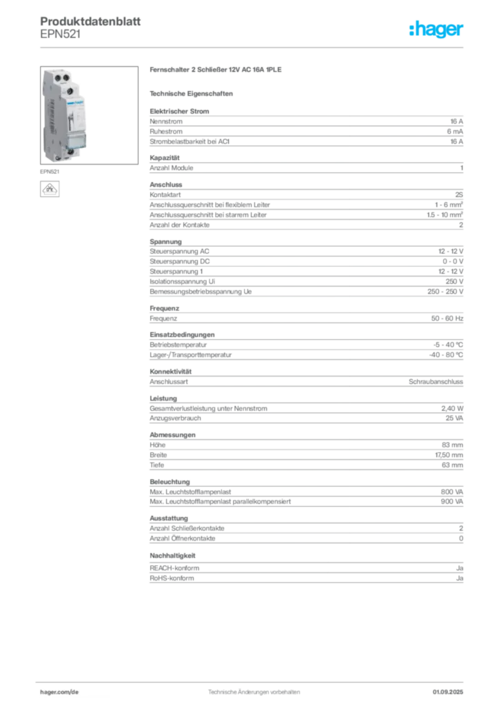 Bild Hager Produktdatenblatt EPN521 | Hager Deutschland