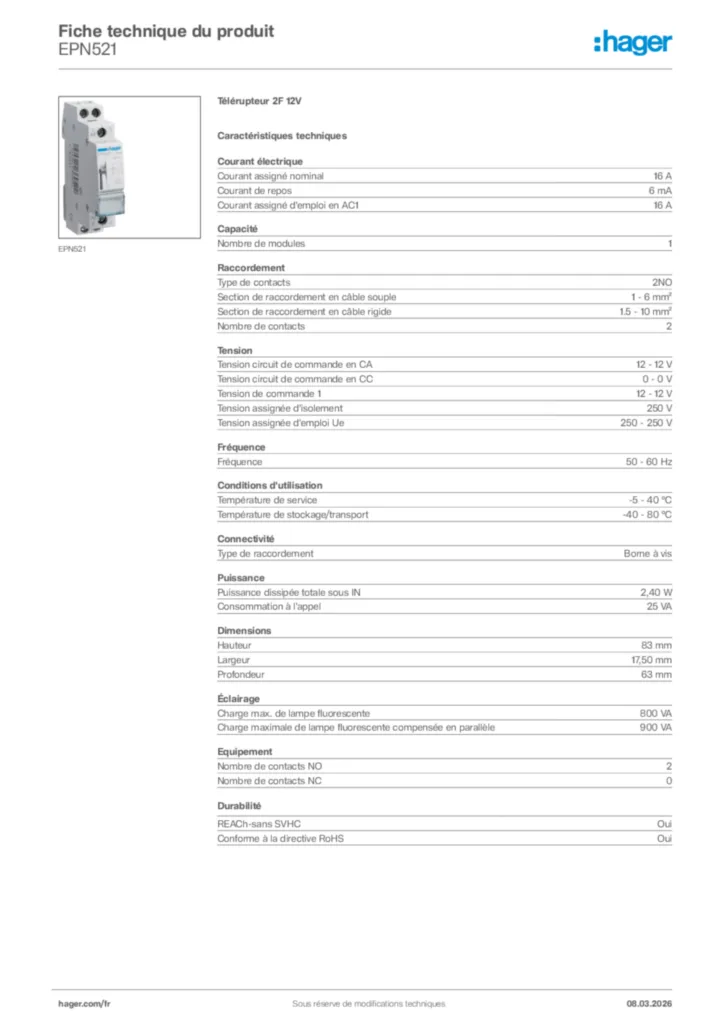 Image Hager Fiche technique du produit EPN521 | Hager France