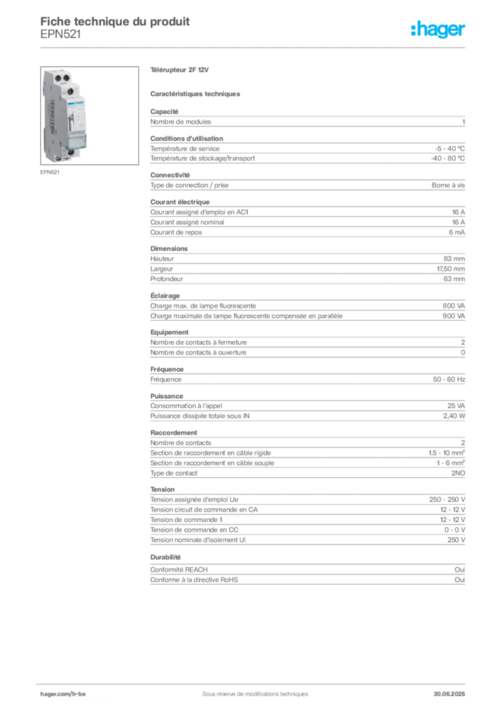 Image Hager Fiche technique du produit EPN521 | Hager Belgique