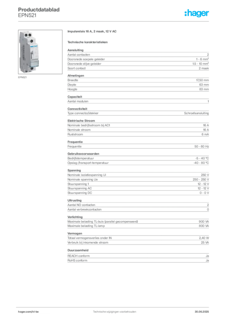 Afbeelding Hager Productdatablad EPN521 | Hager Belgium