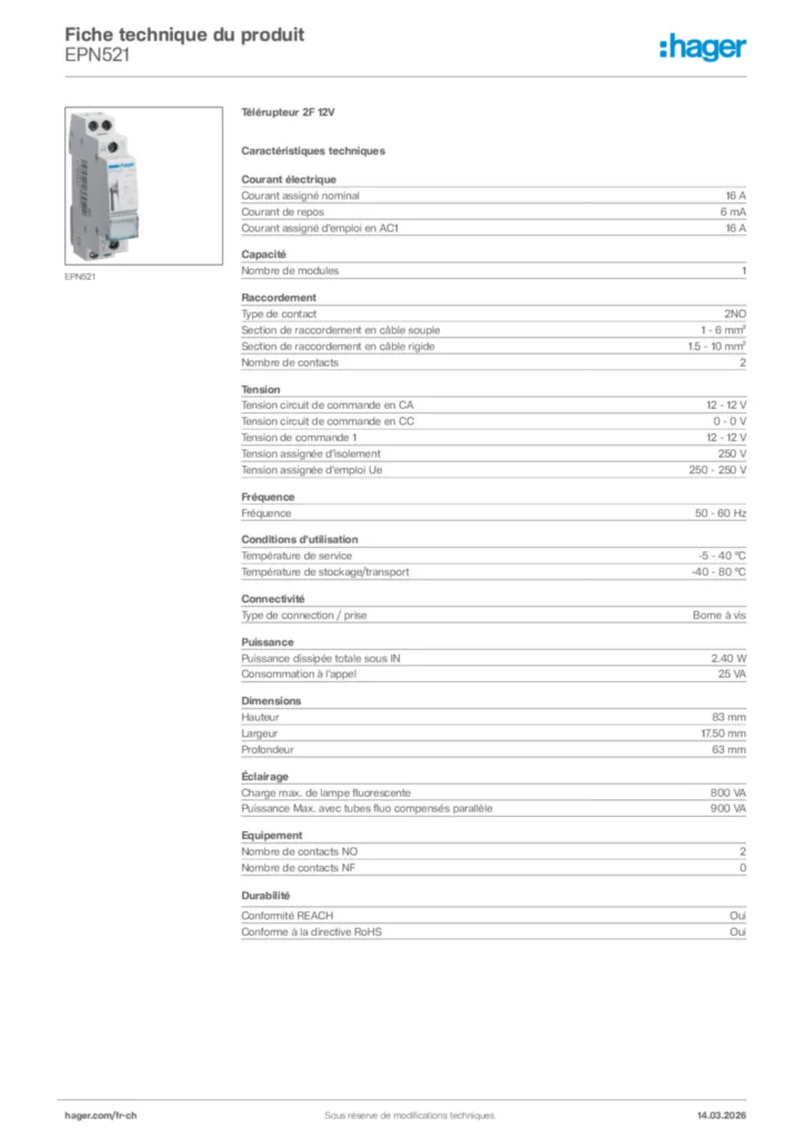 Image Hager Fiche technique du produit EPN521 | Hager Suisse