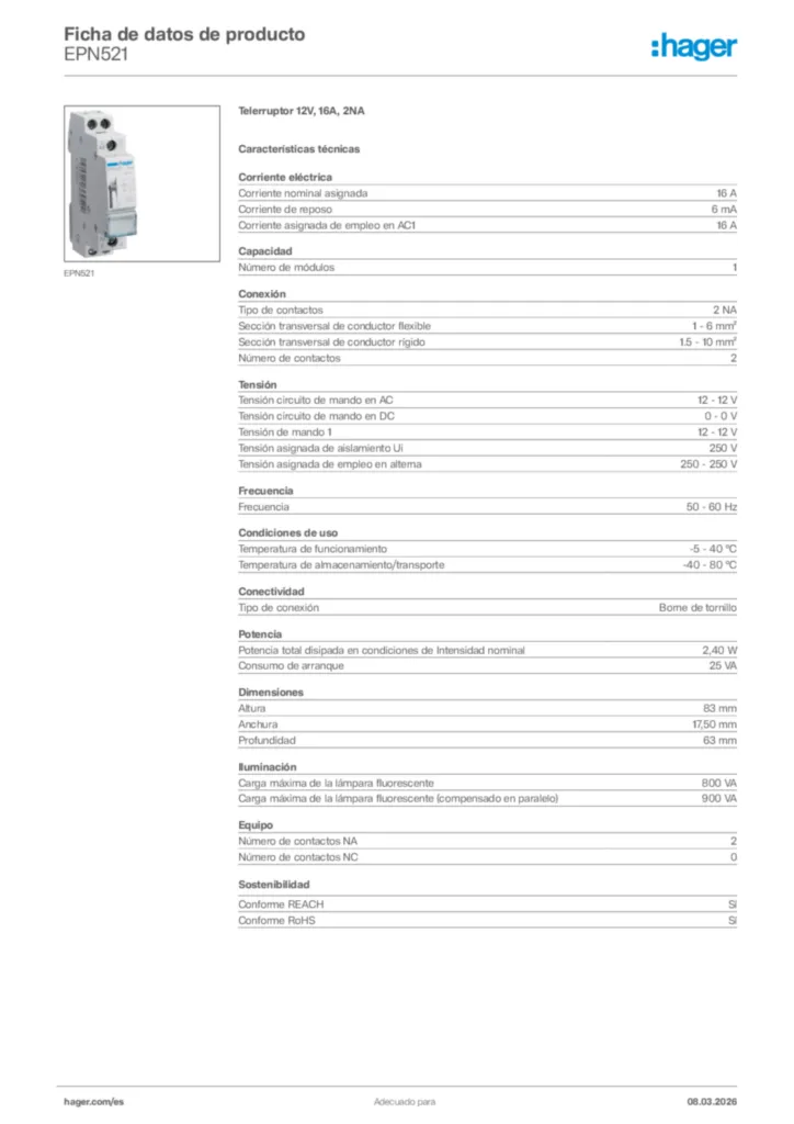 Imagen Hager Ficha de datos de producto EPN521 | Hager España