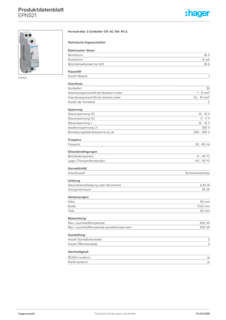 Bild Hager Produktdatenblatt EPN521 | Hager Deutschland
