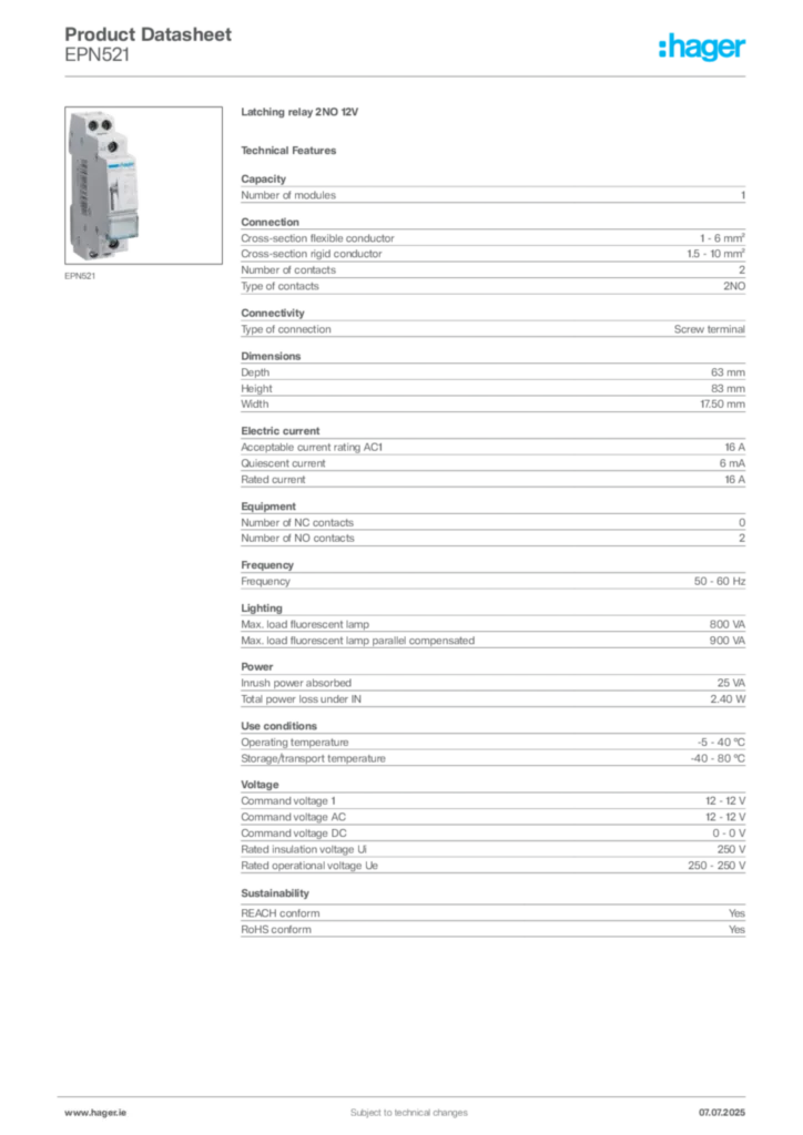Image Hager Product data sheet EPN521  | Hager