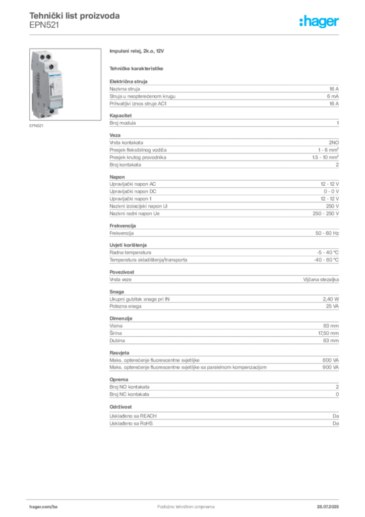 Slika Hager Product data sheet EPN521  | Hager