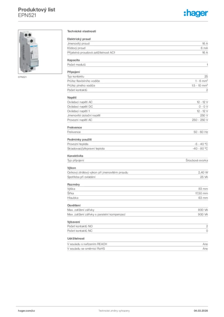 Obrázek Hager Product data sheet EPN521 | Hager