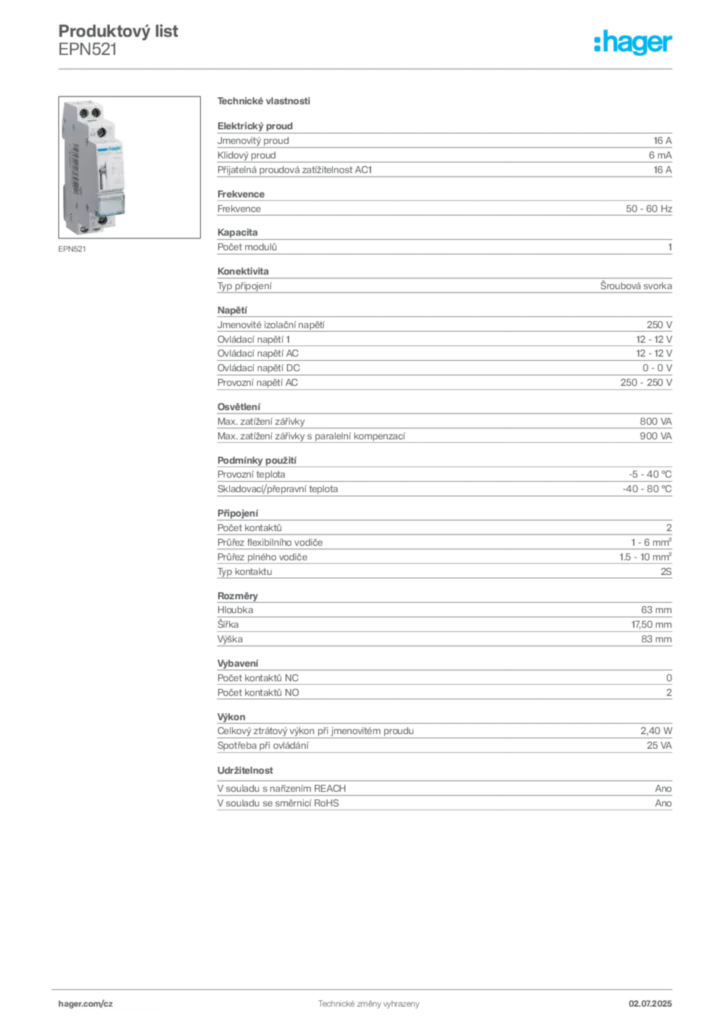 Obrázek Hager Produktový list EPN521 | Hager