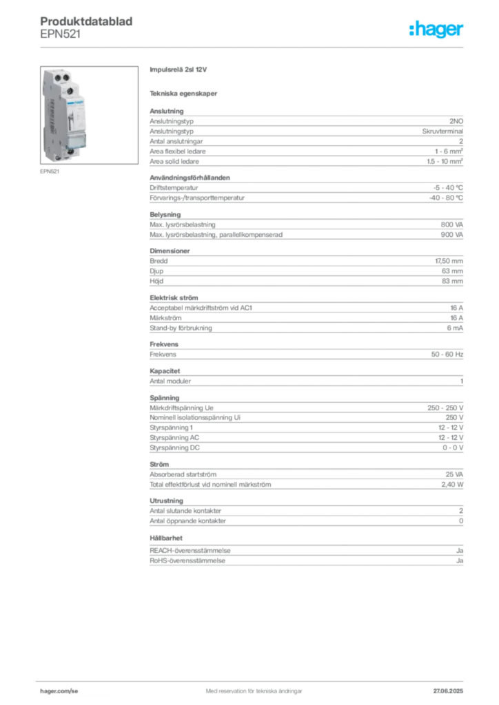 Bild Hager Produktdatablad EPN521 | Hager Sverige