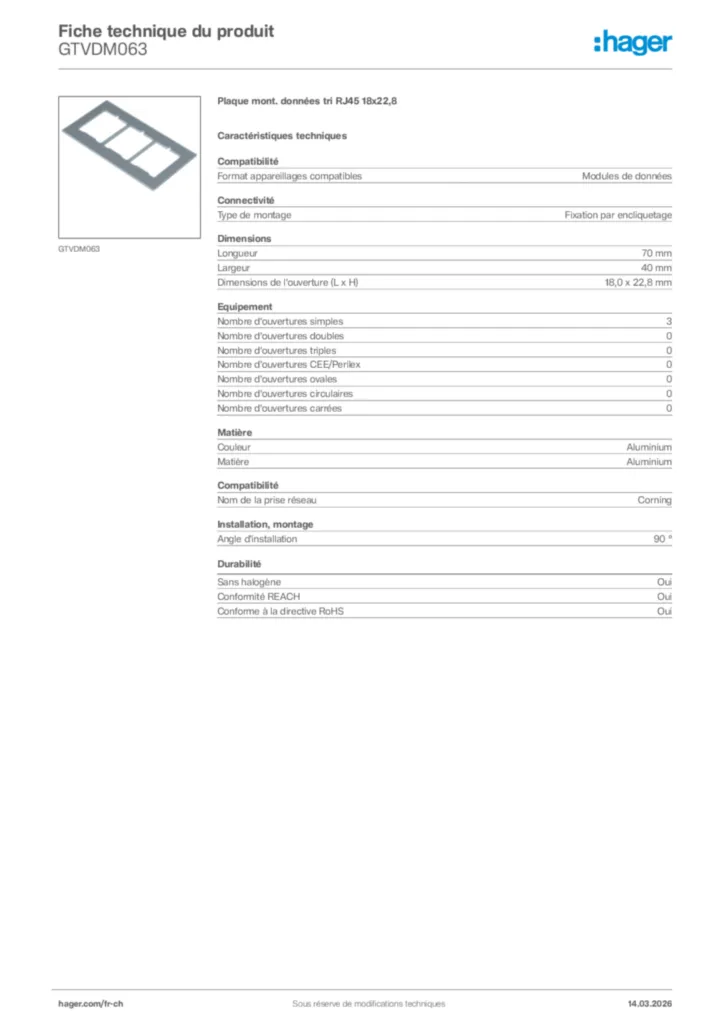 Image Hager Fiche technique du produit GTVDM063 | Hager Suisse