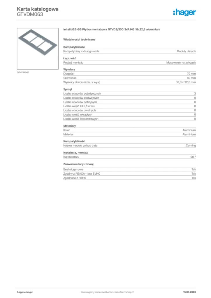 Zdjęcie Hager Karta katalogowa GTVDM063 | Hager Polska