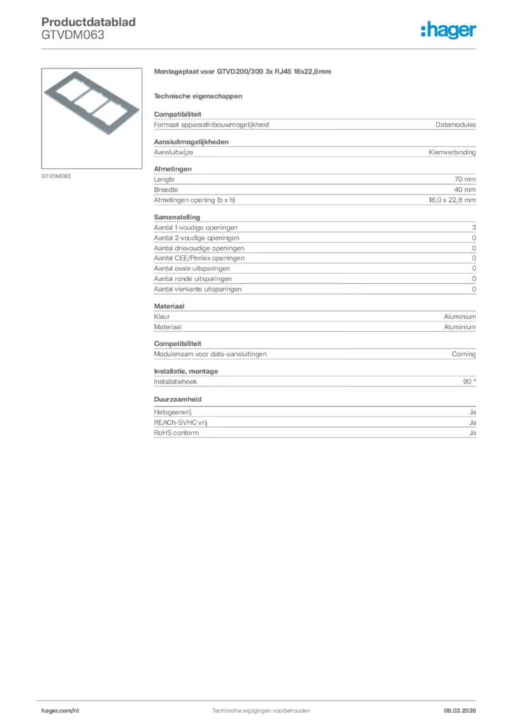 Afbeelding Hager Productdatablad GTVDM063 | Hager Nederland