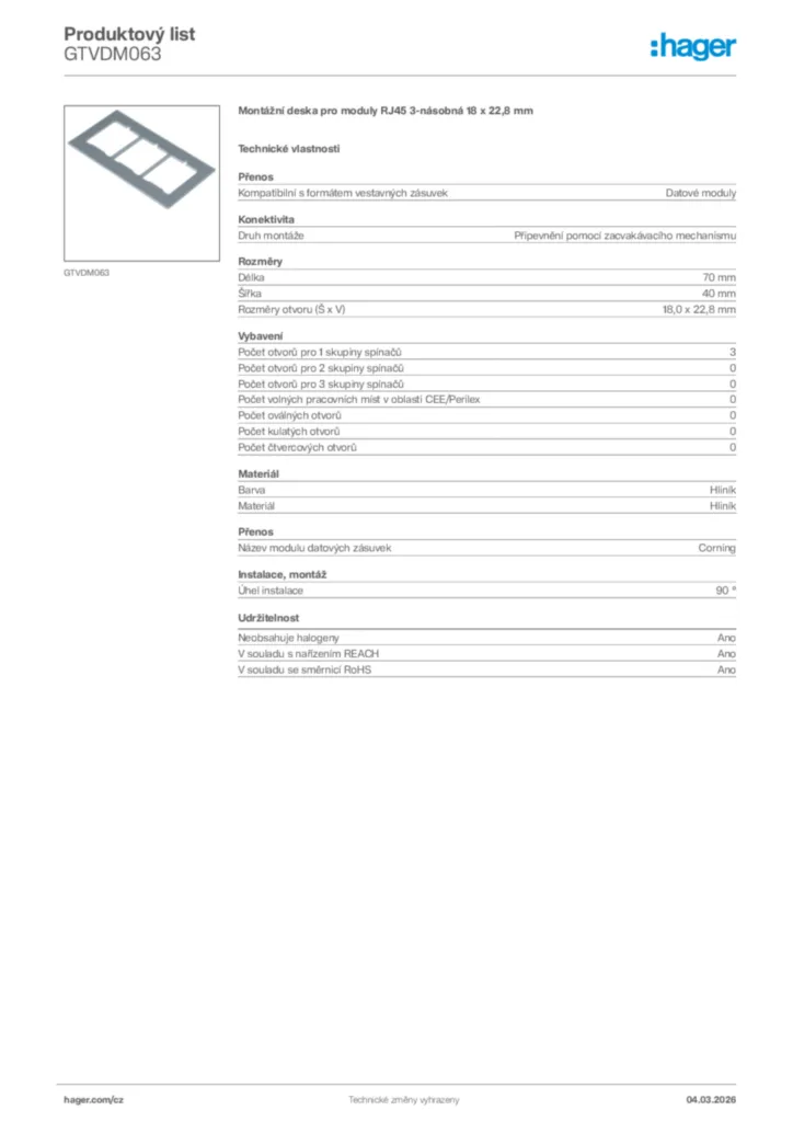 Obrázek Hager Product data sheet GTVDM063 | Hager