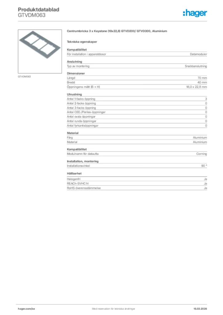 Bild Hager Produktdatablad GTVDM063 | Hager Sverige